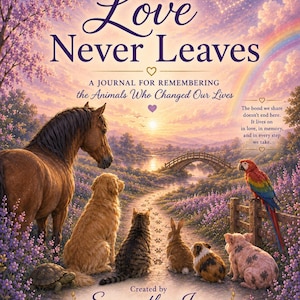 Op de afbeelding: Een boekomslag met de titel Love Never Leaves: A Journal for Remembering the Animals Who Changed Our Lives. Het toont een paard, hond, kat, konijn, cavia, varken en papegaai op een pad naar een brug bij zonsondergang, met paarse bloemen en een regenboog.