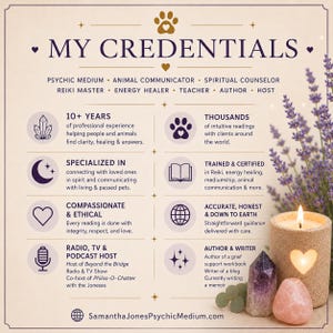 May include: A beige informational graphic titled MY CREDENTIALS listing services including psychic medium, animal communicator, and reiki master. The text details professional experience, certifications, and media roles, accompanied by icons and a candle.