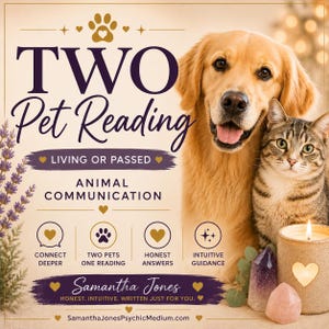 May include: A digital graphic featuring a golden retriever and a tabby cat with the text TWO Pet Reading, LIVING OR PASSED, ANIMAL COMMUNICATION, CONNECT DEEPER, TWO PETS ONE READING, HONEST ANSWERS, INTUITIVE GUIDANCE, Samantha Jones, and SamanthaJonesPsychicMedium.com.