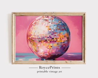 Pink Disco Ball Painting Preppy Wall Art Retro Aesthetic Girly Dorm Room Decor Trendy  Colorful Mirrorball Poster Print Maximalist Apartment