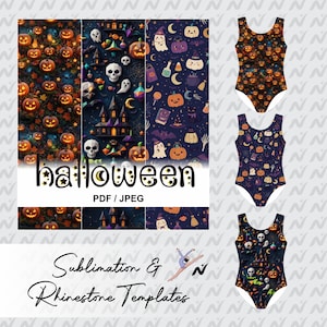 Puede incluir: Una colección digital de patrones con temática de Halloween que incluye calabazas, calaveras, casas encantadas y fantasmas, mostrada en tres paneles verticales y tres leotardos. El texto dice halloween, PDF / JPEG, Sublimation & Rhinestone Templates.