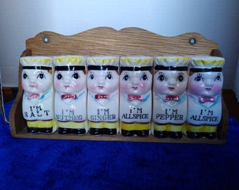 Rare Vintage 1950's Ceramic Chefs Salt, Pepper and Spices with Spice Rack (aka The Spice Boys)