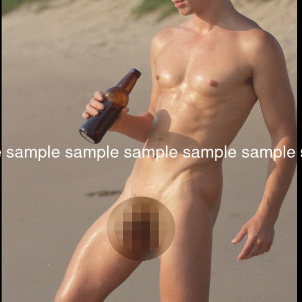 Photo print - Candid nude portrait of guy enjoying a drink at the beach - full frontal - explicit