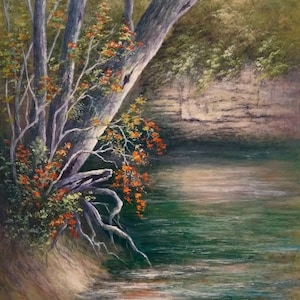 Original hand-painted landscape painting, summer landscape, landscape art, original art, water, trees, river, Creekside