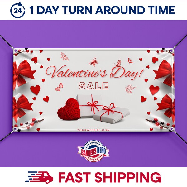 Best Seller- Valentine's Day  Sale Banner Sign - 13 oz Heavy Duty Waterproof- Red Heart Valentine's Day Vinyl Banner  , Free Shipping