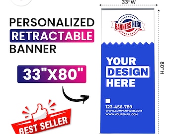 Custom Retractable Banner, Roll Up Retractable Banner Stand, Trade Show Pop Up Display, Business Events, Full Color Print - 33 x 80 Popular