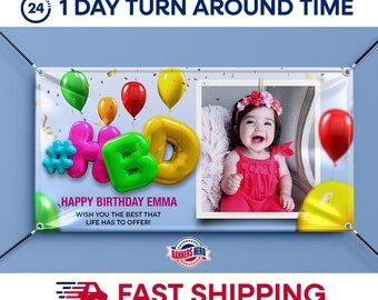Happy Birthday Banner, Birthday Banner, Banner with Picture, Full Color Vinyl Banner, Custom Size Vinyl Banner, Free Grommets, Free Shipping