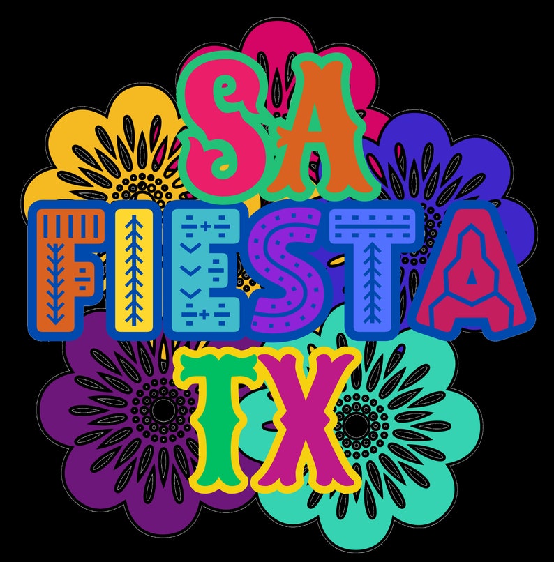 May include: Colorful graphic design with the text "SA FIESTA TX" in a stylized font. The letters are surrounded by colorful flowers with intricate patterns.