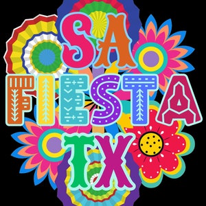 May include: Colorful graphic design with the text "SAO FIESTA TX" in a festive font. The design features flowers, circles, and geometric patterns in bright colors.