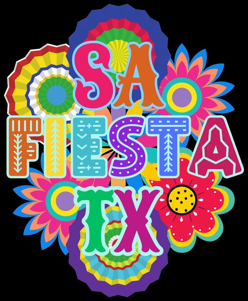 May include: Colorful graphic design with the text "SAO FIESTA TX" in a festive font. The design features flowers, circles, and geometric patterns in bright colors.