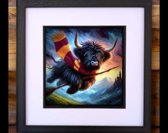 May include: A black and white Highland cow wearing round glasses and a yellow and red scarf flies on a broomstick in front of a castle with a sunset in the background.