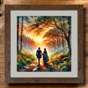 May include: A watercolour painting depicting a couple strolling through a forest at sunset. The artwork uses warm colours, with a sunset visible in the background. The painting is framed in a rustic, brown wooden frame.