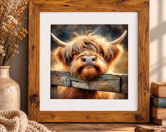 May include: A square framed print featuring a shaggy, light brown Highland cow with long horns resting its chin on a weathered wooden fence. The artwork is encased in a rustic, textured brown wooden frame with a white mat border.