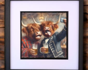 May include: Two Highland cows dressed up in formal attire, one wearing a kilt and the other a tuxedo, are holding beers and taking a selfie. The cow in the tuxedo has its tongue sticking out.