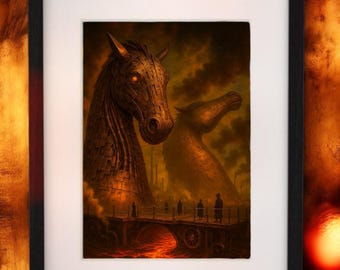 Lámina enmarcada de Kelpies: arte mural de fantasía gótica escocesa