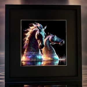 May include: A framed artwork featuring two iridescent horse heads, with a shimmering, reflective surface, against a dark background.
