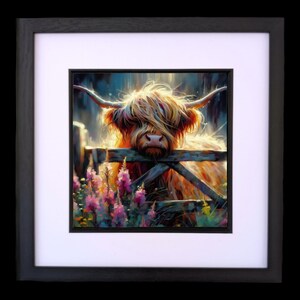 May include: A Highland cow with long, shaggy hair stands behind a wooden fence. The cow's fur is a mix of brown, orange, and white. The cow is looking directly at the viewer. The background is a blurred image of a forest with a bright light shining through the trees.