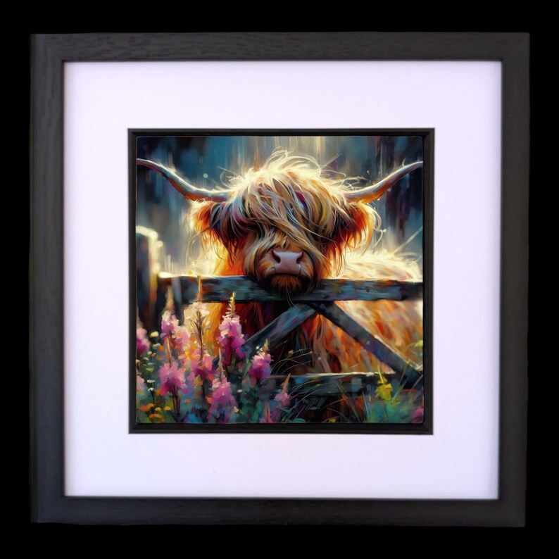 May include: A Highland cow with long, shaggy hair stands behind a wooden fence. The cow's fur is a mix of brown, orange, and white. The cow is looking directly at the viewer. The background is a blurred image of a forest with a bright light shining through the trees.