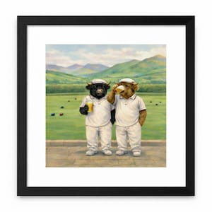 May include: Framed print depicting a bull and a bear in white golf outfits, enjoying beer on a green golf course. The bull holds a pint, the bear drinks from a glass. The background shows rolling hills and a cloudy sky.