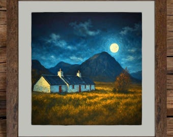 May include: An oil painting of a rural landscape featuring two white cottages with red doors under a moonlit sky. The artwork is framed in a rustic wooden frame, with mountains in the background and golden fields in the foreground.
