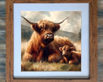 May include: A painting of a Highland cow and her calf. The cow is lying down with her head up, looking at the viewer. The calf is lying down next to her, looking at the camera. The painting is done in a realistic style with soft, muted colors.