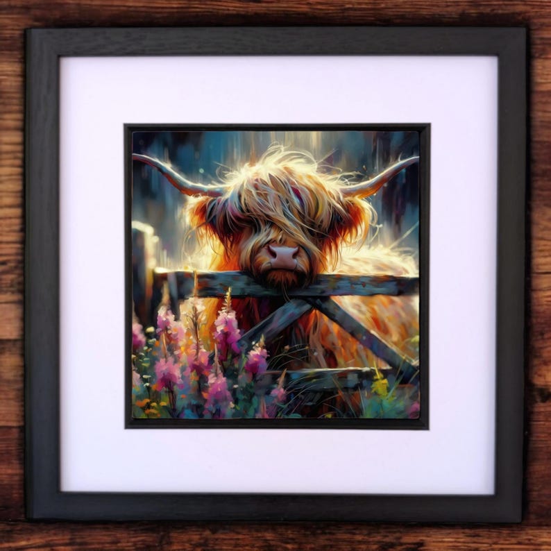 May include: A Highland cow with long, shaggy brown fur peeks through a wooden fence. The cow's face is partially obscured by its fur, and its eyes are not visible. The background is a blurred image of a field with wildflowers.