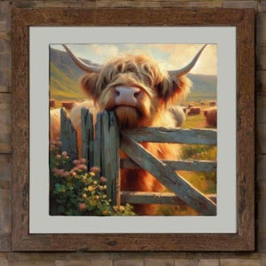 Highland Cow framed print, digital wall art, room decor - Nosey Coo - Scottish Highlands