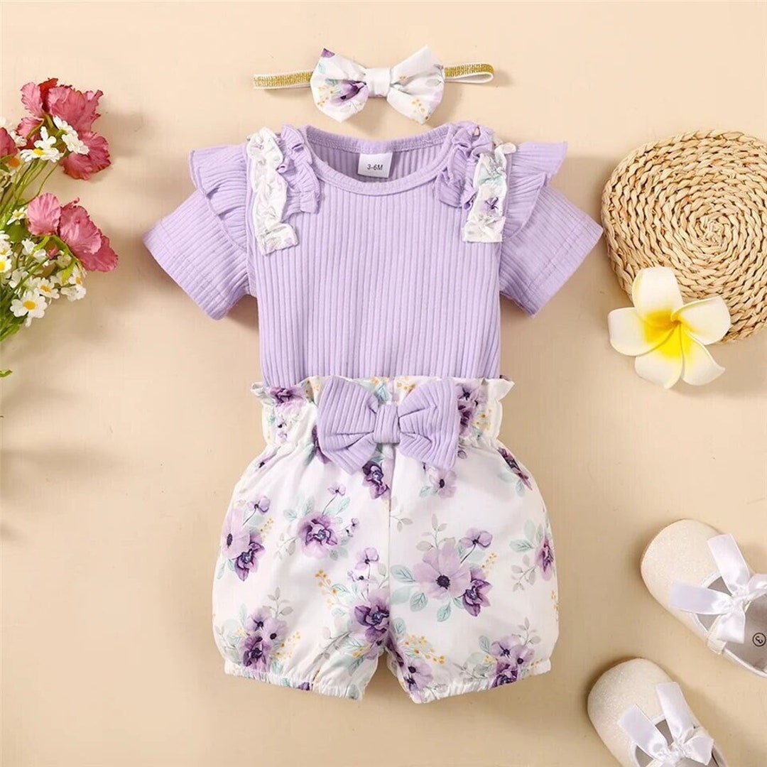 018 Months Baby Girl Clothes Set Purple Short Sleeve Romper Etsy