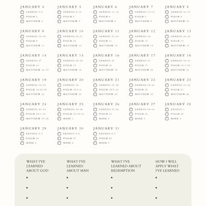 May include: A black and white printable calendar for January with daily scripture readings from the Bible. The calendar includes the book and chapter of the Bible verses for each day. The calendar also includes a section at the bottom for reflection on what you've learned about God, man, and redemption.