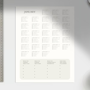 May include: A printable January calendar with daily checkboxes and a section at the bottom for reflection. The reflection section includes prompts for what you learned about God, man, relationships, and how you will apply what you've learned.
