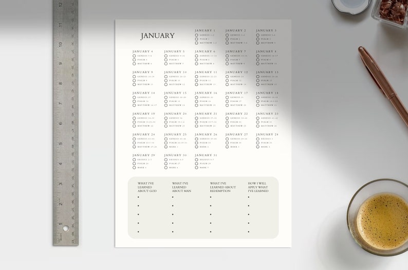 May include: A printable January calendar with daily checkboxes and a section at the bottom for reflection. The reflection section includes prompts for what you learned about God, man, relationships, and how you will apply what you've learned.