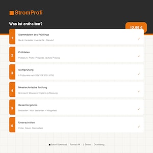 Peut inclure: Un modèle de document numérique intitulé StromProfi sur fond quadrillé. Il énumère six sections : Stammdaten des Prüflings, Prüfdaten, Sichtprüfung, Messtechnische Prüfung, Gesamtergebnis et Unterschriften. Le document est marqué Sofort-Download, Format A4, 2 Seiten, Druckfertig.