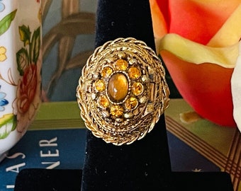 Vintage 1950s Poison Ring | Citrine Crystal Pill Box Ring | Adjustable Gold Statement Jewelry | Secret Compartment Ring