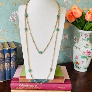 Vintage Green Art Glass Station Necklace | 1950s Flapper Length Gold Chain | Long Retro Jewelry