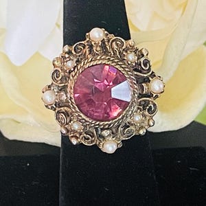 Vintage Czech Amethyst Crystal Ring | 1950s Victorian Revival Adjustable Cocktail Ring | Faux Pearl Filigree Estate Jewelry