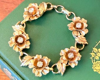 Coro Goldtone Rose Link Bracelet | Pre-1955 Crystal Floral Mid Century Jewelry