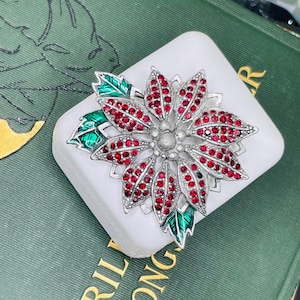 Vintage Poinsettia Brooch | 1980s Tanya’s Creations Pin | Red Rhinestone Holiday Flower | TC Signed Christmas Jewelry