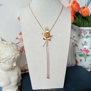 Vintage Gold Rose Lariat Necklace | 1970s Floral Cobra Chain Jewelry | Botanical Coquette Y Necklace | Chateaucore Garden Party Gift for Her