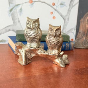 Vintage Silver Owl Salt & Pepper Shaker Set | Mid Century Novelty Shakers with Perch | Woodland Kitchen Decor | Owl Collector Decor Gift