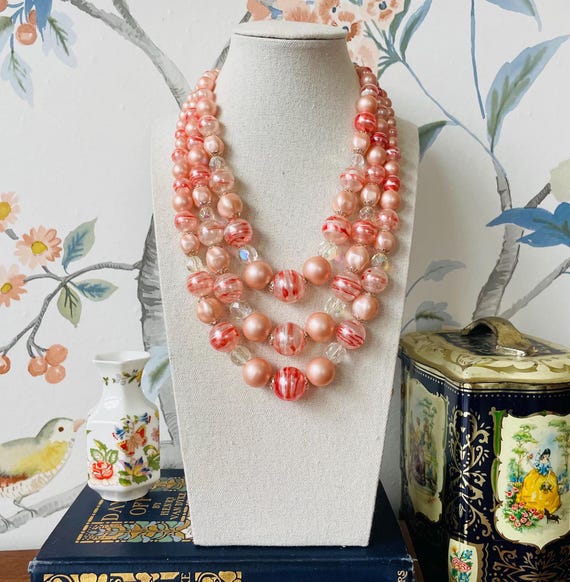 Vintage 1950s Japanese Triple Strand Pearl & Art Glass