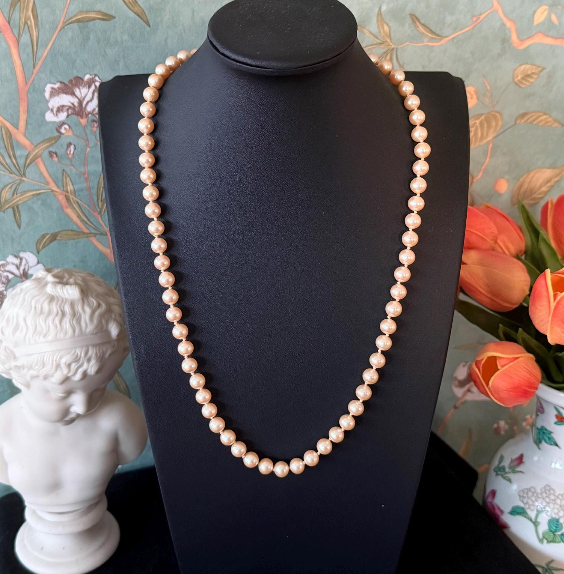 Vintage Monet Pearl Necklace: 1960s Cream Simulated Pearls, 24
