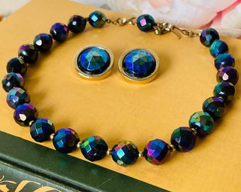 Vintage Bergere Aurora Borealis Bead Choker Necklace & Earring Set