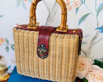 Vintage Hong Kong Wicker Box Purse | Bamboo Handle Handbag | 1960s Rattan Basket Bag | Leather Trim | Cottagecore Palm Beach Style