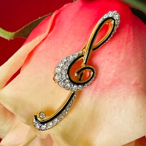 Vintage Swarovski Violinschlüssel Brosche | 1980er Jahre Kristall Kristall Anstecknadel | Gold Pave Schmuck für Musiker | Geschenk für Sie, Mama, Lehrer