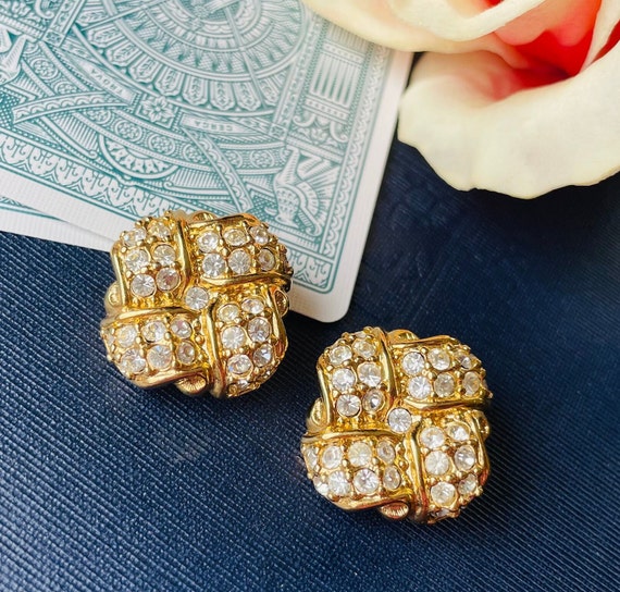 Vintage Swarovski Crystal Pave Gold Clip Earrings… - image 1