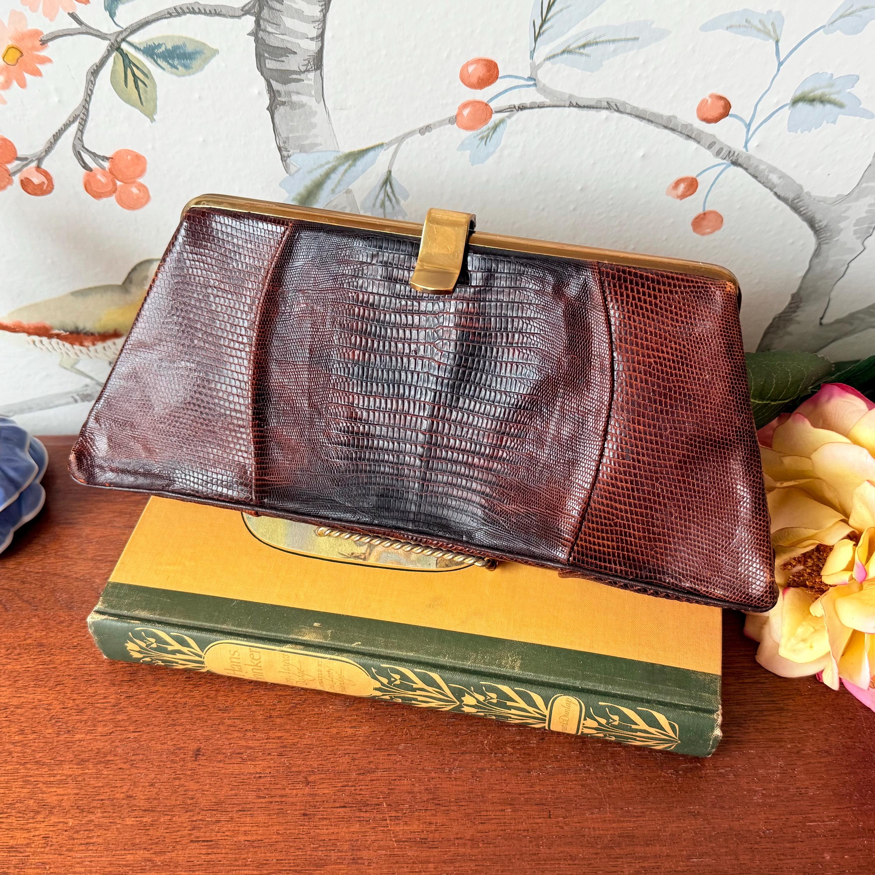 Vintage 1950s Bass Lizard Clutch | Genuine Exotic Leather Handbag | Brown Teju Lizard Purse with Brass Frame | Mid Century Reptile Skin Bag