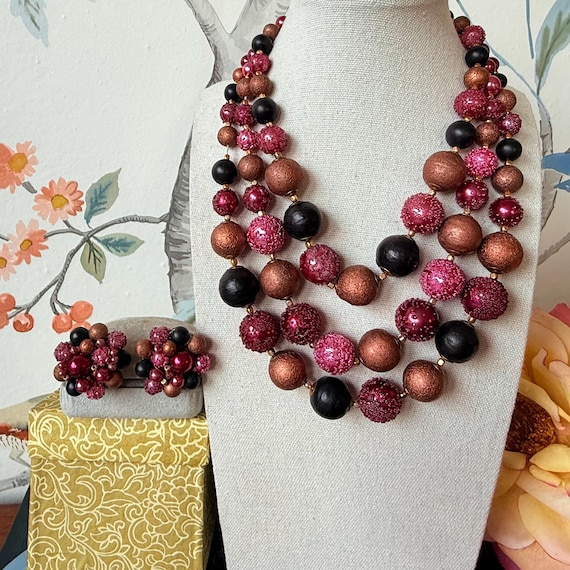 Vintage Japan Beaded Triple Strand Necklace Earring Set