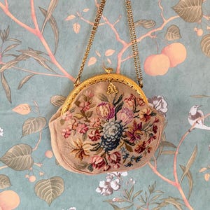 French Petit Point Purse | 1920s Floral Embroidered Handbag | Antique Gold Frame Evening Bag | Victorian Wedding Clutch | Gift for Her