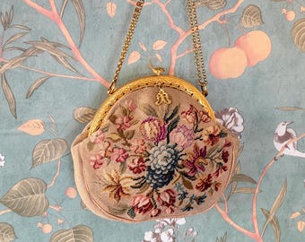French Petit Point Purse | 1920s Floral Embroidered Handbag | Antique Gold Frame Evening Bag | Victorian Wedding Clutch | Gift for Her