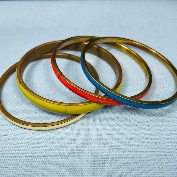 Vintage Brass & Enamel Multicolored Bangle Bracelet Set (1950’s)